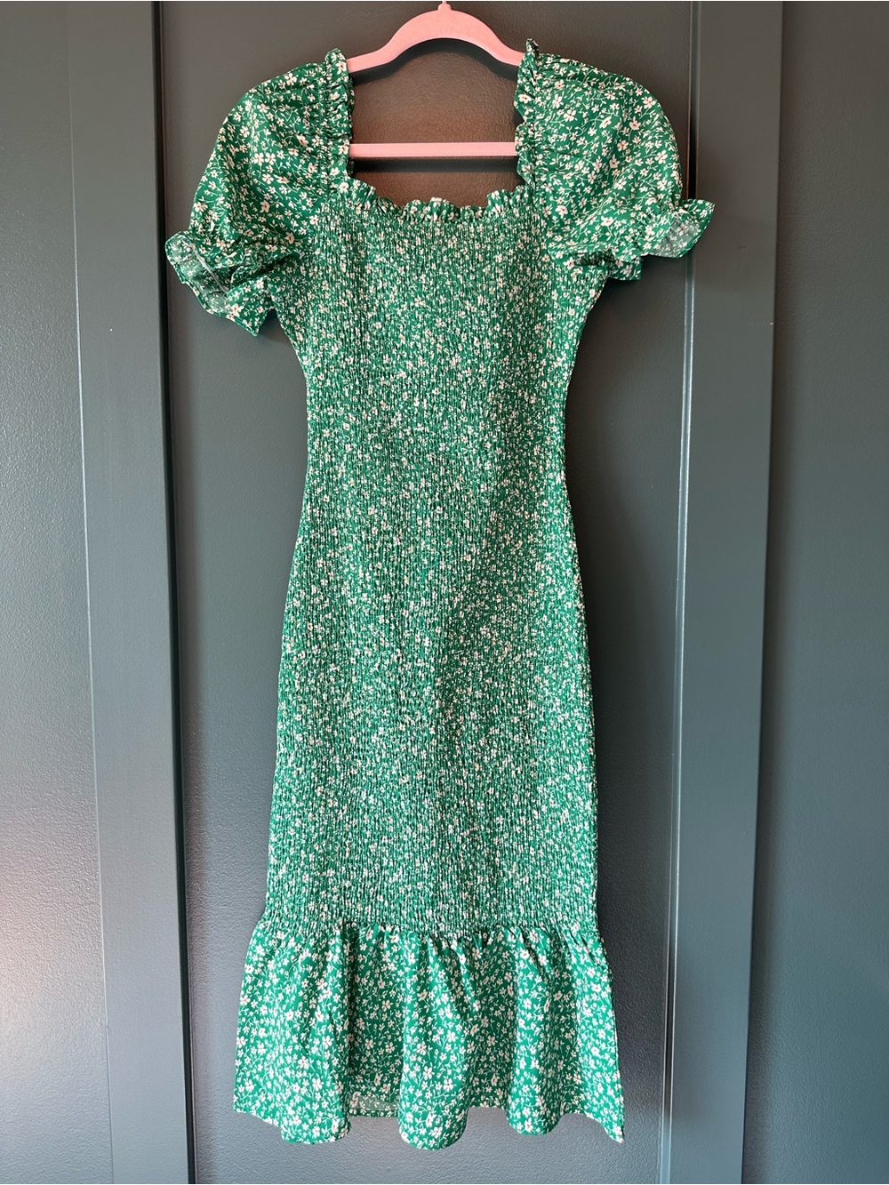 Green Floral Midi Dress with Smocked Bodice